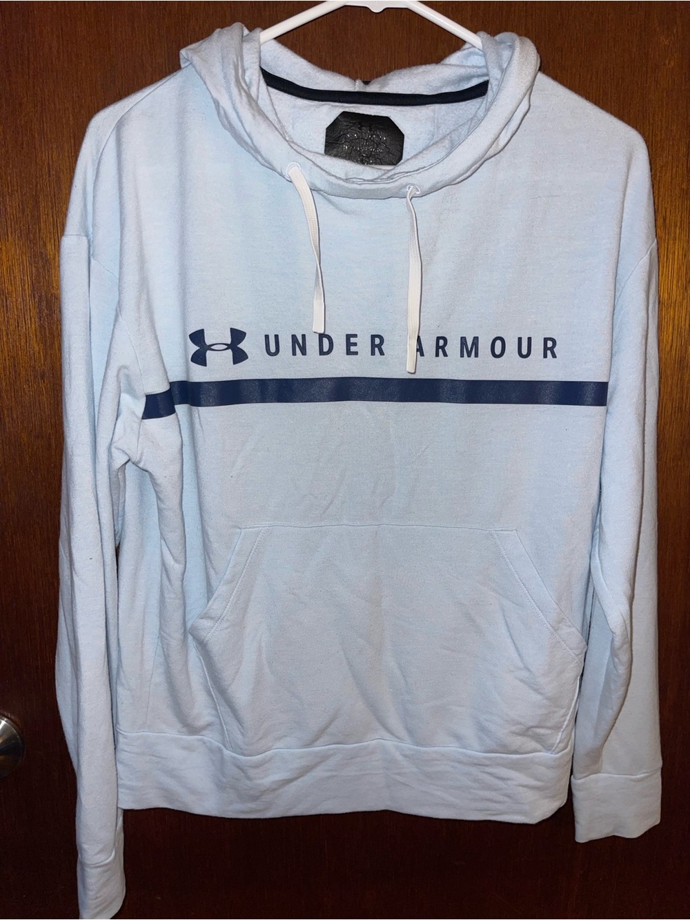 Under Armour Pale Blue Pullover Hoodie with Navy Logo Stripe